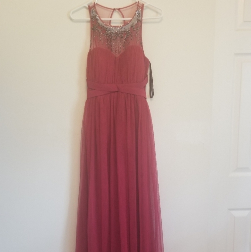 Elegant Dark Pink Tulle Silver Sequin Maxi Dress